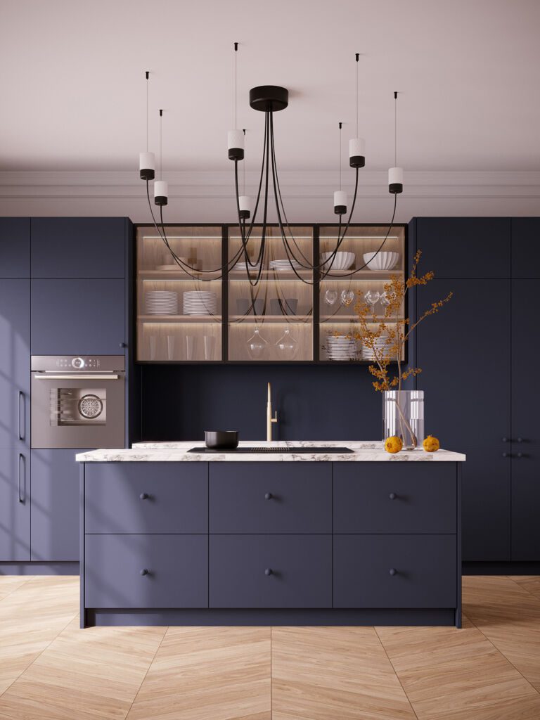 Kitchen Fenix Blue Ves + aluminium framed vitrine cabinets