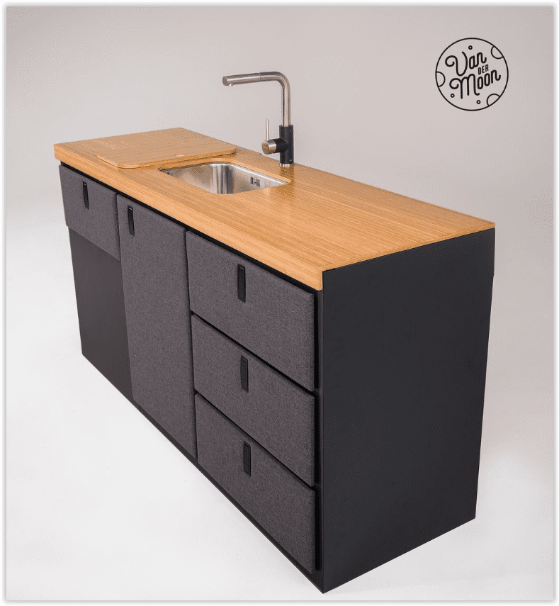 Moon Kitchen - an ultralight, modular kitchen. One of the possible configurations, finished in bamboo.
