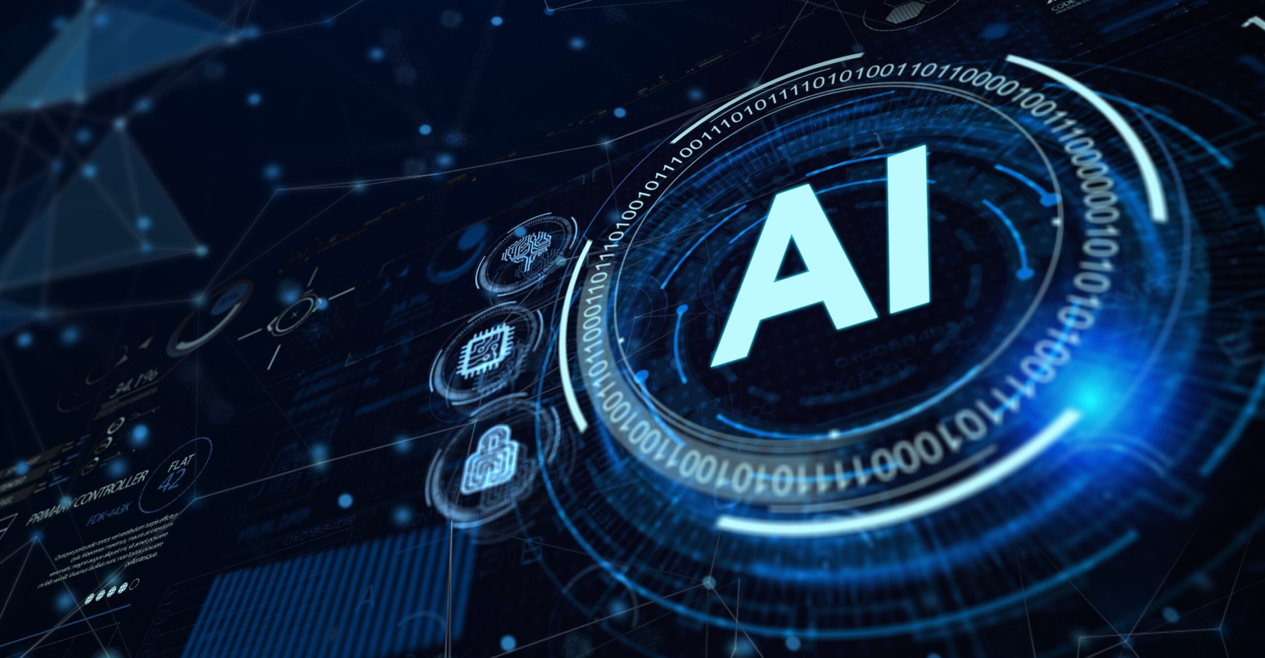 Symbol AI na czarno-niebieskim tle monitora