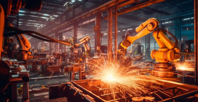 Elektroniczne ramie robota spawające na linii montażowej