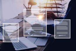 Elektroniczne dokumenty na tle pracującego biznesmana, ilustracja dla programu Digitrans
