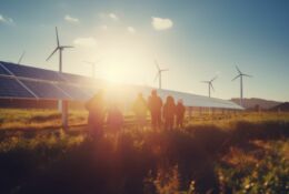 Wind turbine energy genetrators and solar panels. Clear skies and evening sun.