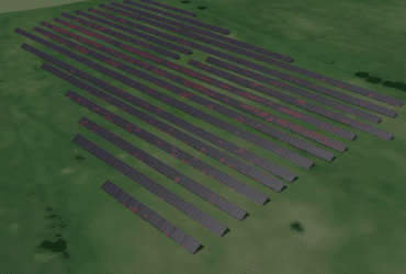The image shows a 3D map of a solar power plant generated with PV SENSE.