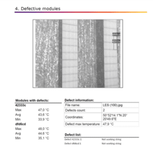The image shows a default report template page with detected defect details