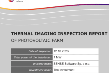 The image shows the first title page of a default report generated with PV SENSE.