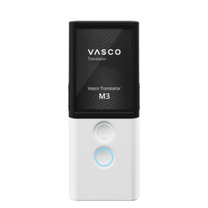 The photo shows the Vasco Translator M3 in the Arctic White version.