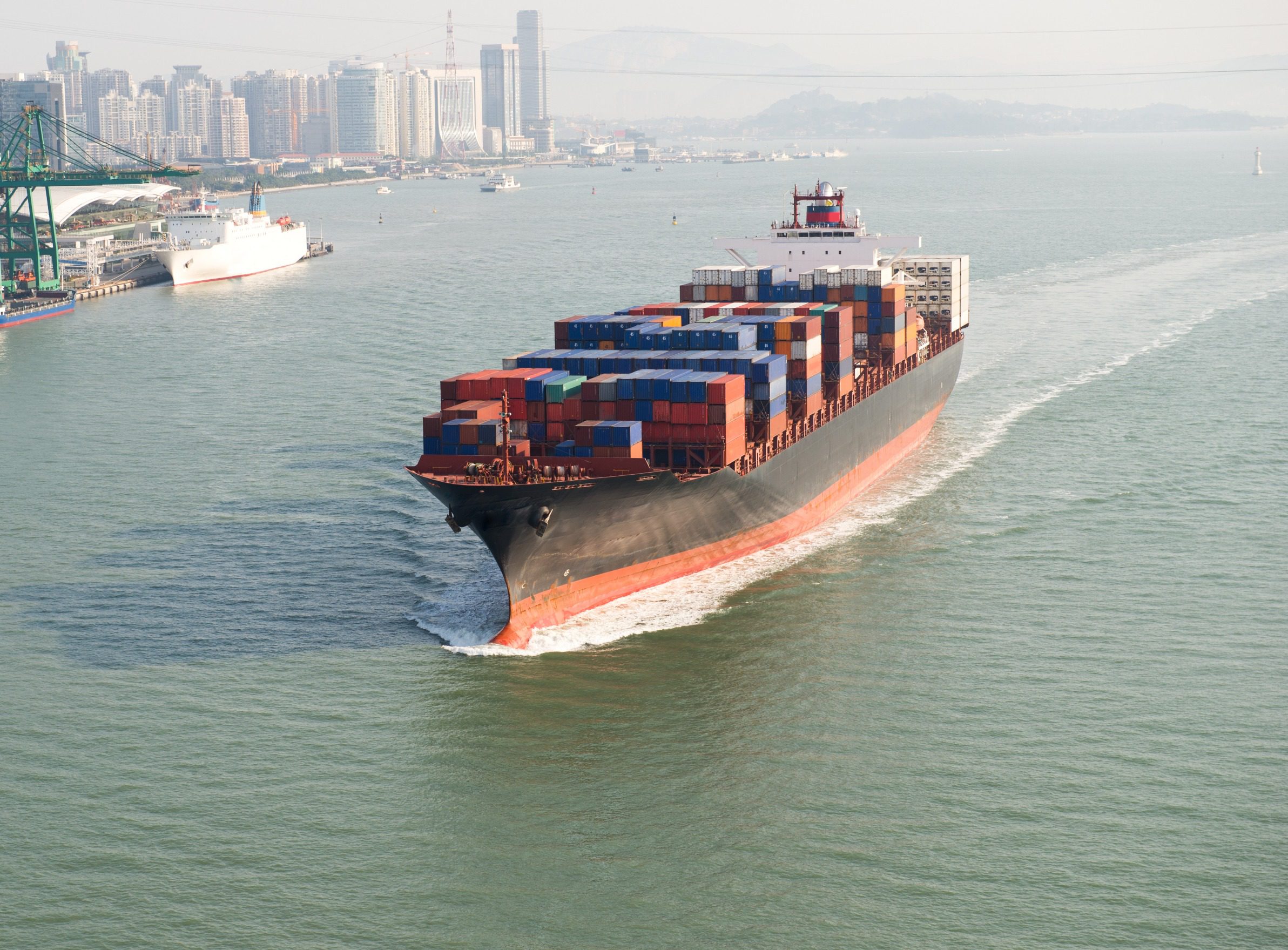 Large container ship arriving at the port