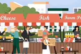 grafika spożywczych straganów i stoliki restauracyne