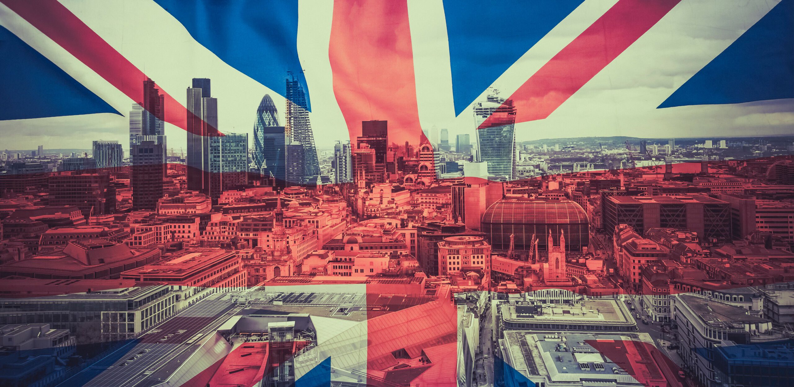 UK flag on city background