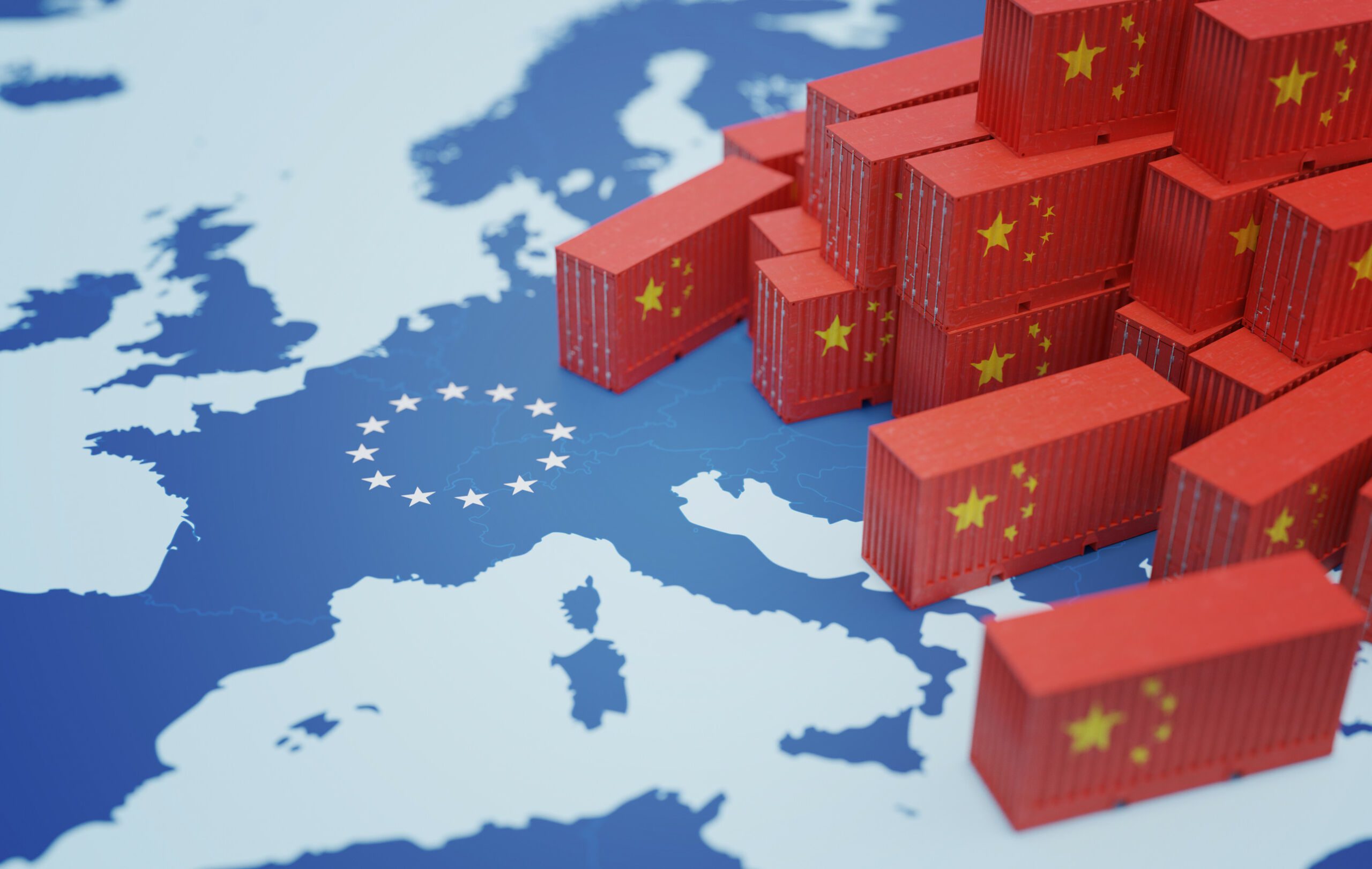 Chinese cargo containers on the map of Europe