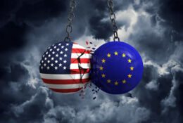 United States flag and European union political balls smash into each other. 3D Rendering