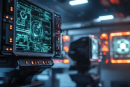 A high tech control room features several monitors displaying complex data and graphics