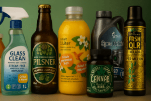 Various self-adhesive labels applied on different product packages including bottles, jars, and pouches – front view.


