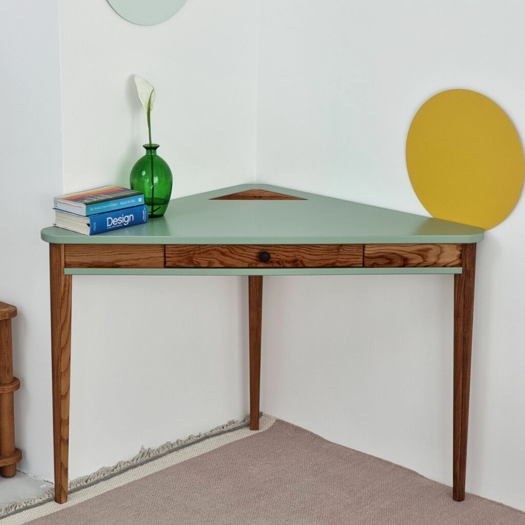 Corner desk in triangle shape Ashme i sage green color